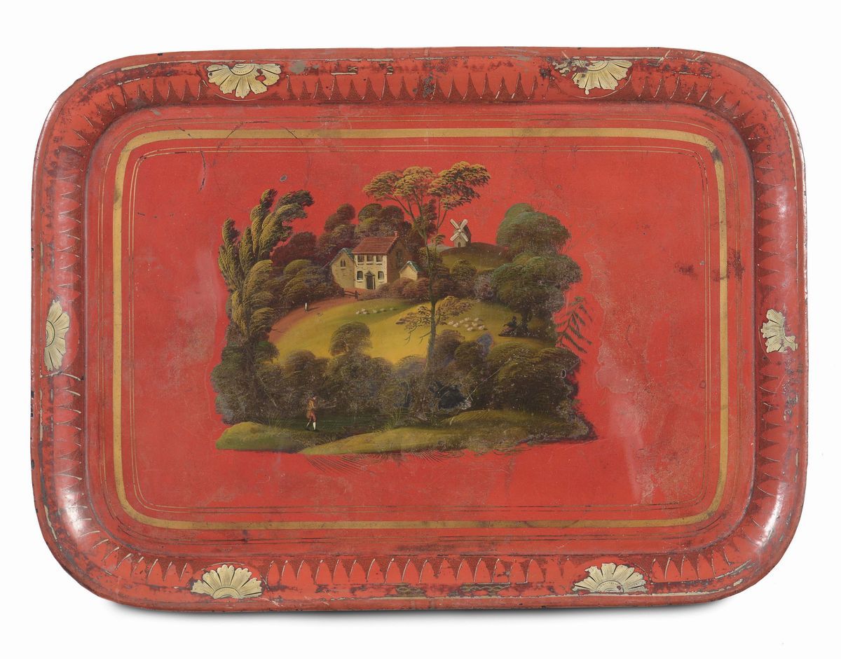 Lotto di Sette Vassoi Laccati in Metallo Laccato e Legno, XVIII-XIX Secolo