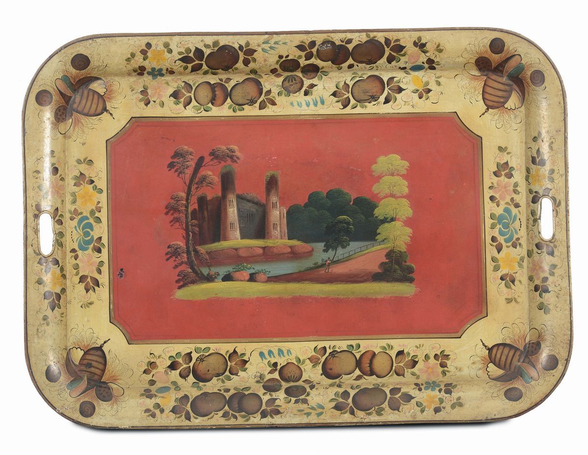 Lotto di Sette Vassoi Laccati in Metallo Laccato e Legno, XVIII-XIX Secolo