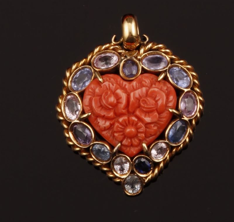 Carved coral, multi-gem and gold pendant  - Auction Fine Coral Jewels - Cambi Casa d'Aste