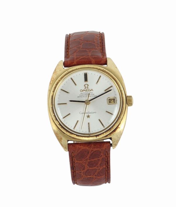 Omega, Constellation, Automatic, Chronometer, Officially Certified, . Made circa 1960. Very fine, tonneau-shaped, center seconds, self-winding, water-resistant, gold plated wristwatch with date.