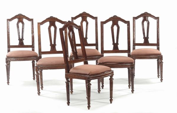 Sei sedie in noce Luigi XVI, fine XVIII secolo