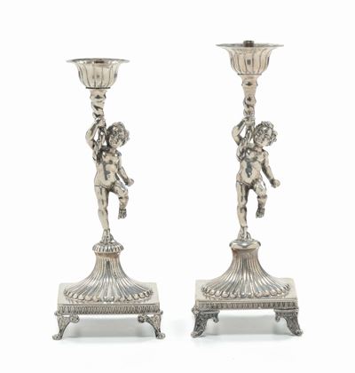 Coppia di Candelieri in Argento a Forma di Puttini, XIX Secolo
