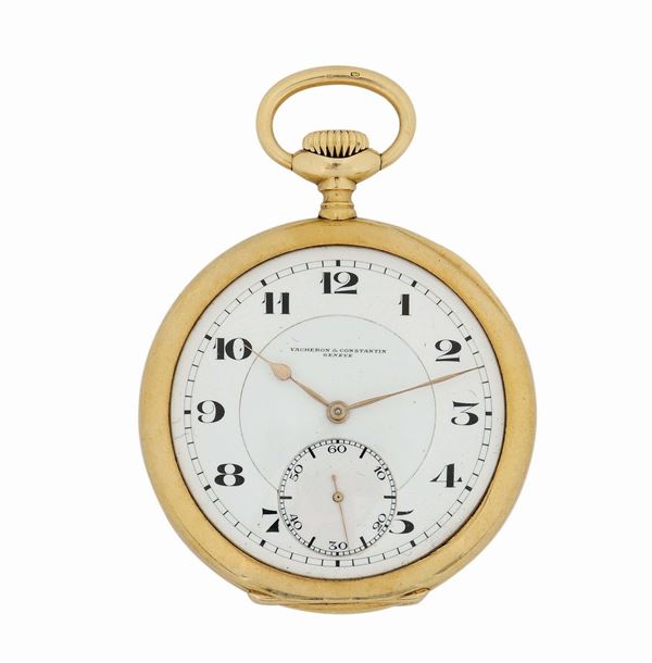 Vacheron Constantin, 18K yellow gold, keyless open face pocket watch. Made in 1920. Accompanied by the original box.
