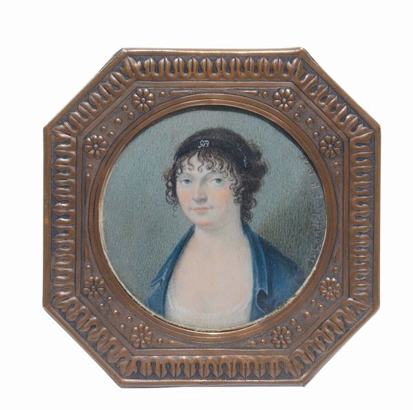 Miniatore del XIX secolo Ritratto femminile con nastro tra i capelli