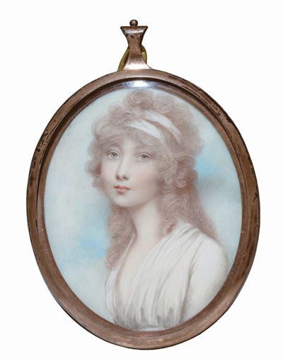 Miniatore Inglese del XIX Secoloritratto di Figura Femminile con Nastro tra Capelli