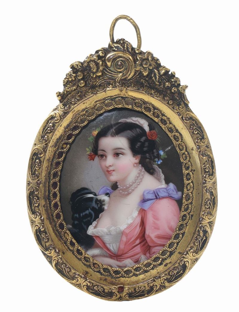 Miniatore del XIX secolo Figura femminile in abito rosa con cagnolino  - Asta Argenti da Collezione Italiani ed Europei - Cambi Casa d'Aste