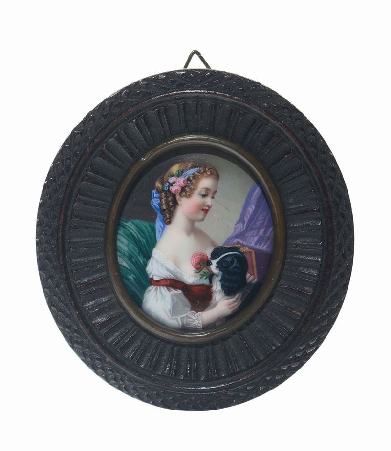 Miniatore del XIX secolo Figura femminile con cagnolino  - Asta Argenti da Collezione Italiani ed Europei - Cambi Casa d'Aste