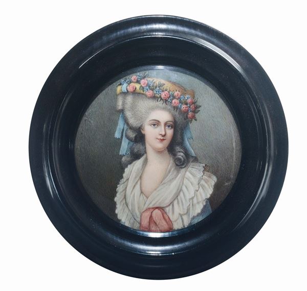 Miniatore della fine del XIX secolo Ritratto femminile con cappello