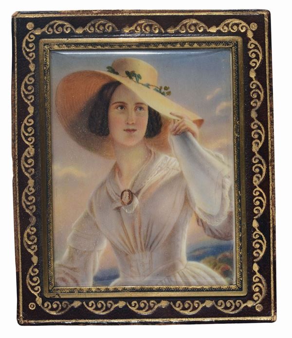 Miniatore del XIX secolo Figura femminile con cappello