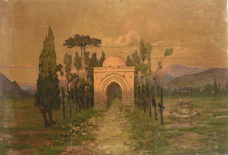 Ettore De Maria Bergler (Napoli 1850 - Palermo 1938) Paesaggio con arco  - Asta Dipinti del XIX e XX secolo - Cambi Casa d'Aste