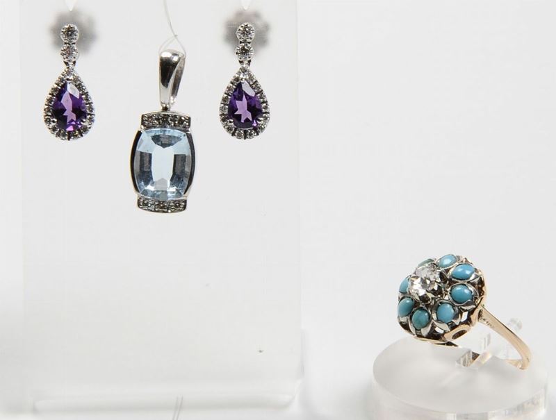 A tourquoise and old cut diamond ring, a pair of amethyst and diamond earrings, a blue topaz and diamond pendant  - Auction Fine Art - Cambi Casa d'Aste