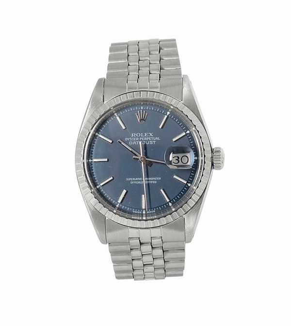 Rolex, “Oyster Perpetual, DateJust, Superlative Chronometer Officially Certified”, case No. 2732463, Ref. 1603. Made in 1971. Fine, tonneau-shaped, center seconds, self-winding, stainless steel chronometer wristwatch with date and a stainless steel “Jubilee” bracelet with deployant clasp.
