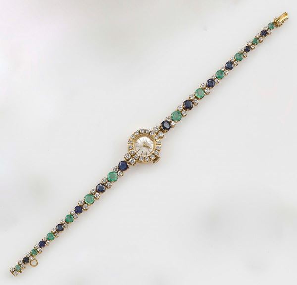 Universal Genève, orologio per signora con zaffiri, smeraldi e diamanti
