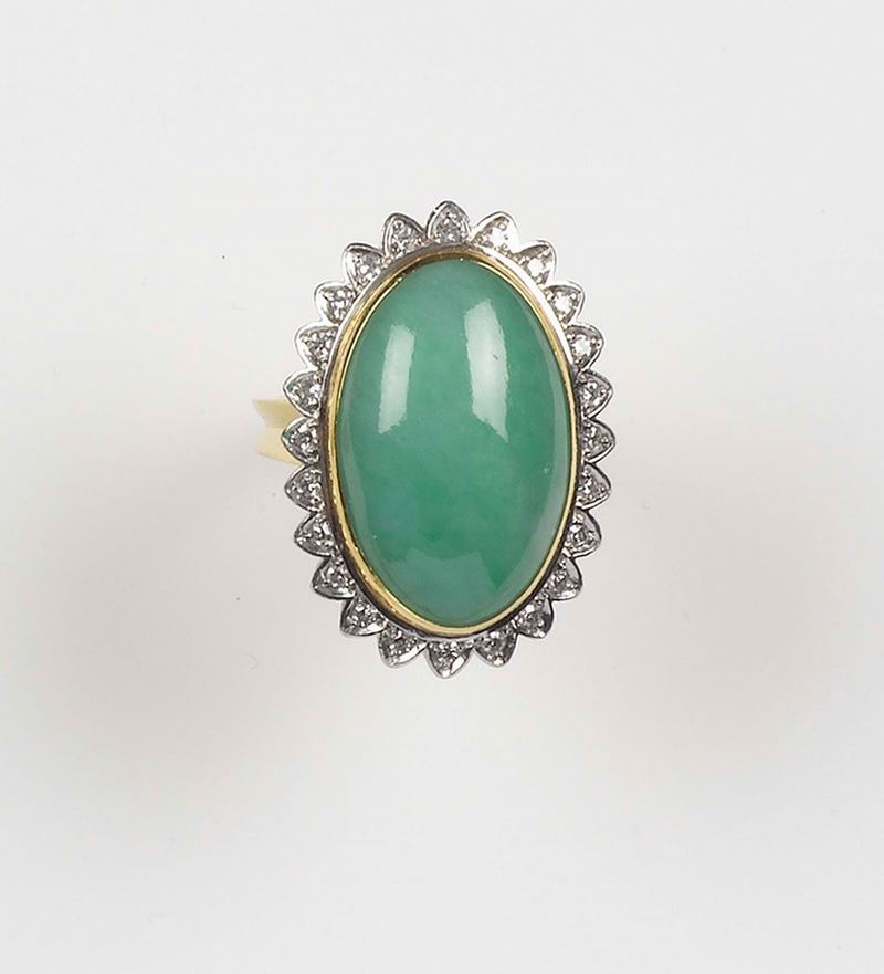 A jadeite and diamond ring. Mounted in yellow gold 750/1000  - Auction Fine Jewels - Cambi Casa d'Aste