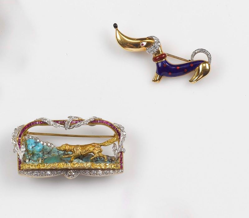 A couple of dog brooches. Turquoise, diamonds, rubies and enamel polychromes  - Auction Fine Jewels - Cambi Casa d'Aste