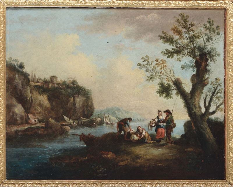 Scuola del XVIII secolo Paesaggio con figure  - Asta Arredi dalle dimore degli eredi Ercole Marelli e altre provenienze - Cambi Casa d'Aste