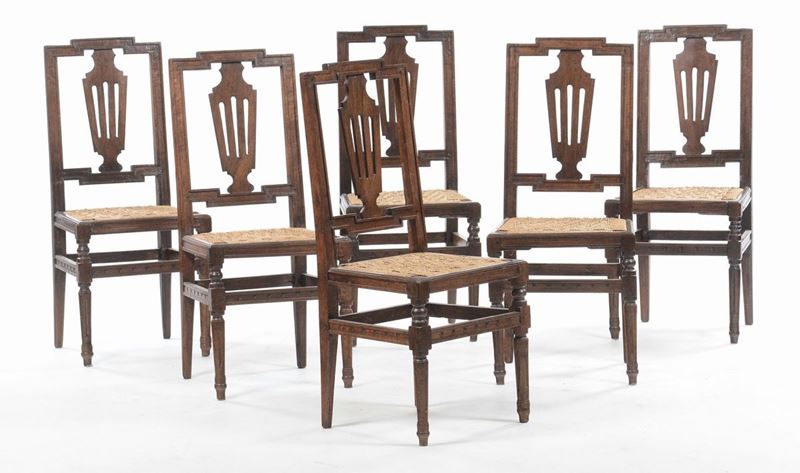 Sei sedie in noce con schienale a stecche, XIX secolo  - Asta Arredi dalle dimore degli eredi Ercole Marelli e altre provenienze - Cambi Casa d'Aste