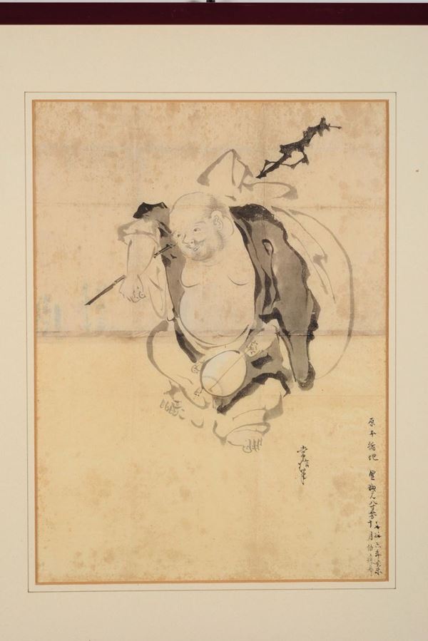 Coppia di dipinti incorniciati raffiguranti saggi con iscrizioni, Giappone, XIX secolo