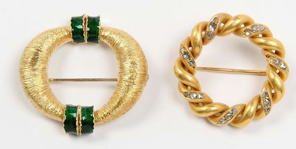 Two gold, enamel and diamond brooches