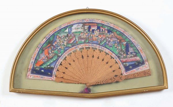 A cloth and wooden fan with figures, China, Qing Dynasty, late 19th century