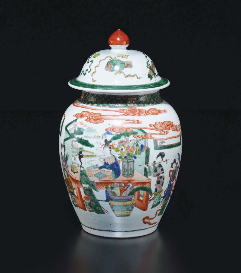 Potiche con coperchio in porcellana Famiglia Verde raffigurante Guanyin, Cina, Dinastia Qing, XIX secolo  - Asta Chinese Works of Art - Cambi Casa d'Aste