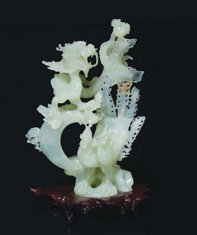 A green jade dragon and phoenix group, China, 20th century  - Auction Chinese Works of Art - Cambi Casa d'Aste