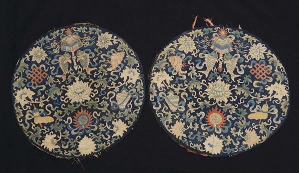 A pair of circle cloth embroidered with carp and lotus flowers, China, Qing Dynasty, 18th century