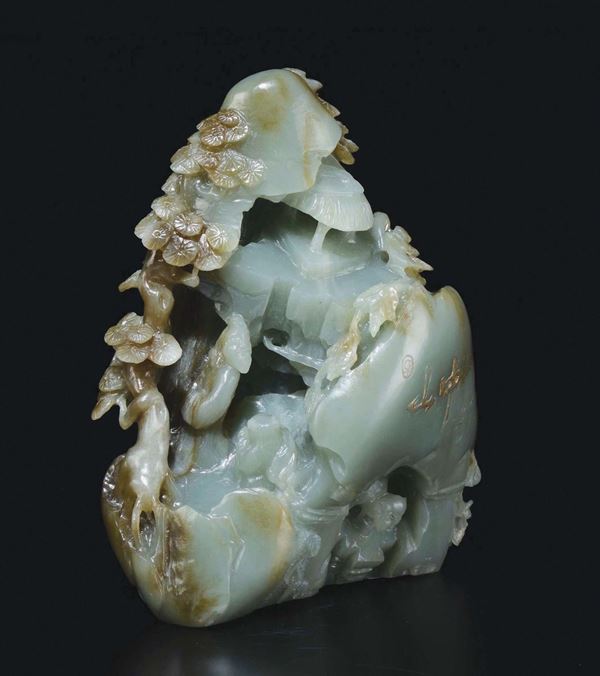 A green and russet jade wise man between branches group, China, Qing Dynasty, 19th century