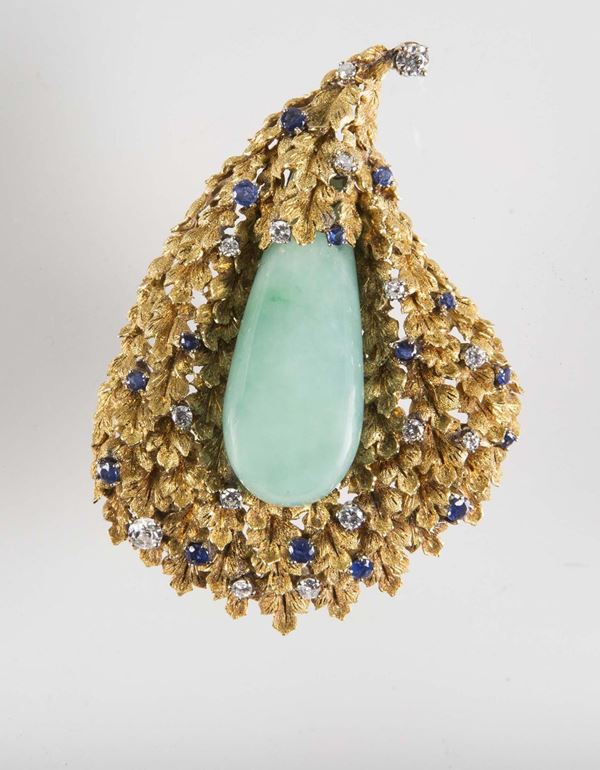 A jadeite, diamond and sapphire brooch