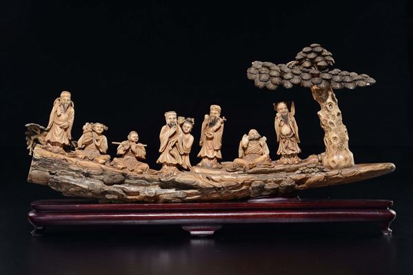 Barca scolpita in avorio con saggi, dignitari e Guanyin, Cina, inizio XX secolo