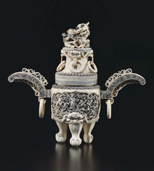 A carved ivory tripod censer and cover, China, early 20th century