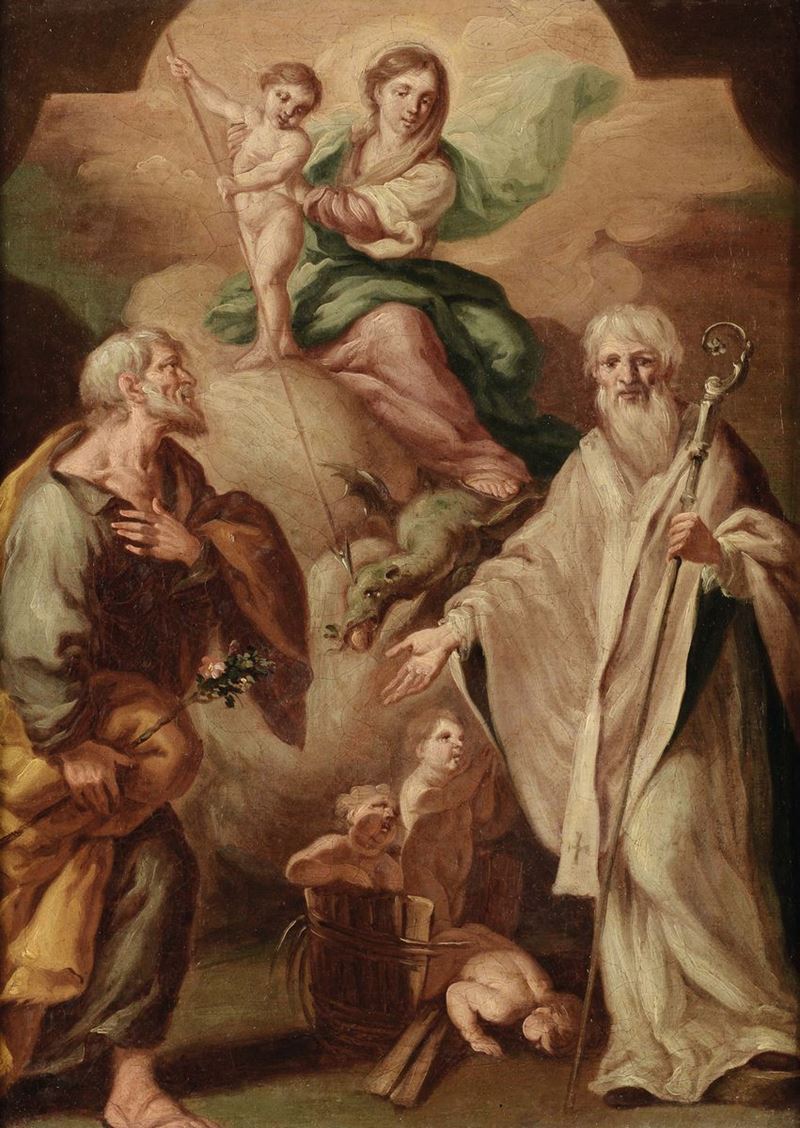 Nicola Vaccaro (Napoli 1640-1709) Madonna del Carmine tra San Giuseppe e San Nicola di Bari  - Auction Old Masters Paintings - Cambi Casa d'Aste