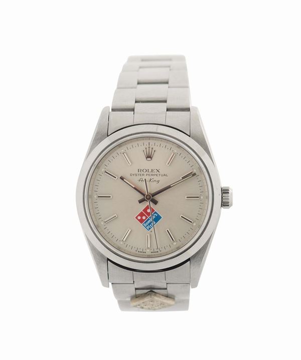 Rolex, Oyster Perpetual, Air-King, Domino's Pizza, case No. W802673, Ref. 14000. Made circa 1995. Fine, center seconds, self-winding, water-resistant, stainless steel wristwatch with a stainless steel Rolex Oyster bracelet.