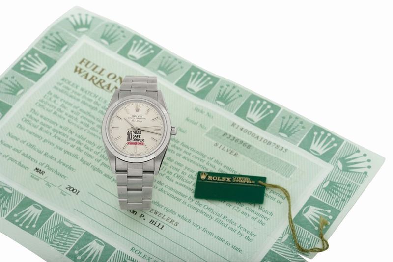 Rolex, “Oyster Perpetual, Air-King Winn Dixie”, case No. P336968, Ref. 14000. Made in 2000. Fine, center seconds, self-winding, water-resistant stainless steel wristwatch with a stainless steel Rolex Oyster bracelet. Accompanied by warranty  - Auction Watches and Pocket Watches - Cambi Casa d'Aste
