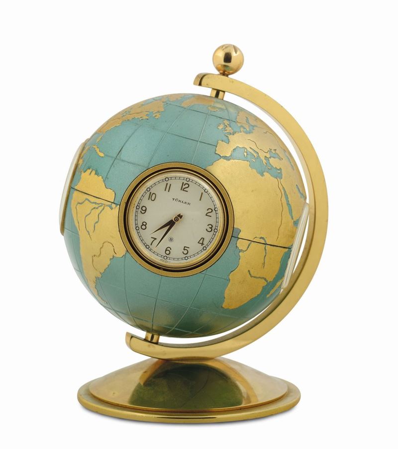 Turler.  brass 8-day going globe-shaped desk clock with barometer, hygrometer and thermometer.Made in the 1960'S.  - Auction Watches and Pocket Watches - Cambi Casa d'Aste