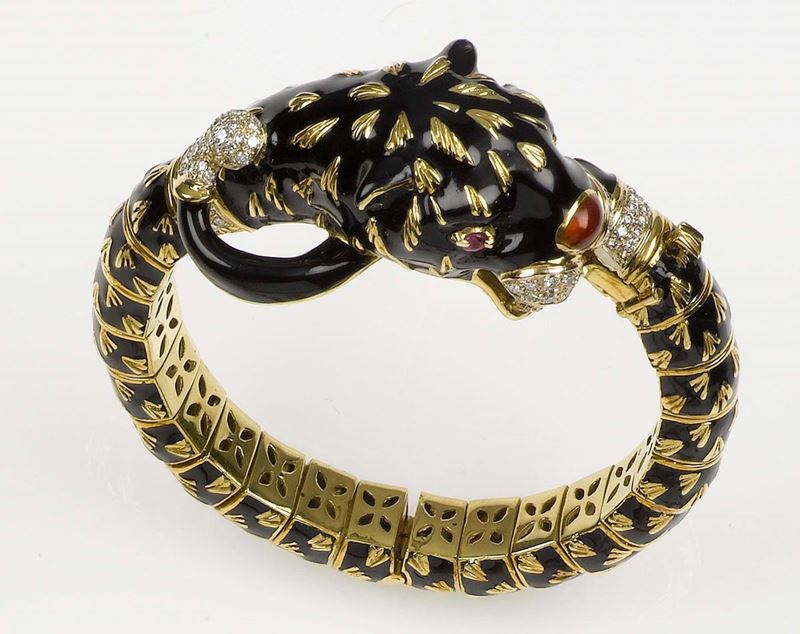Frascarolo. A tiger polychrome enamel bracelet. Mounted in yellow gold 750/1000  - Auction Fine Jewels - Cambi Casa d'Aste