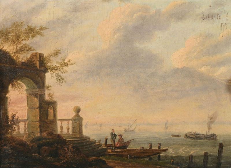 Scuola del XVIII secolo Veduta di porto  - Auction Old Masters Paintings - Cambi Casa d'Aste