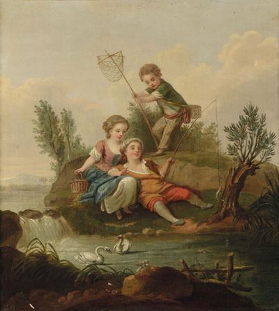 Scuola Francese del XVIII Secologioco di Fanciulli con Fiori Gioco di Fanciulli con Stagno