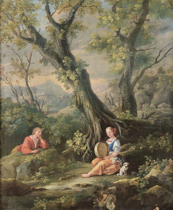 Scuola del XVIII secolo Scena galante entro paesaggio