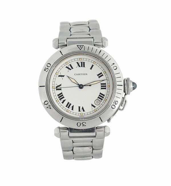 Cartier, Pasha Automatic, case No. R40202695. Fine, center seconds, self-winding, water-resistant, stainless steel wristwatch with date and a stainless steel Cartier deployant clasp. Made in the 1990's.