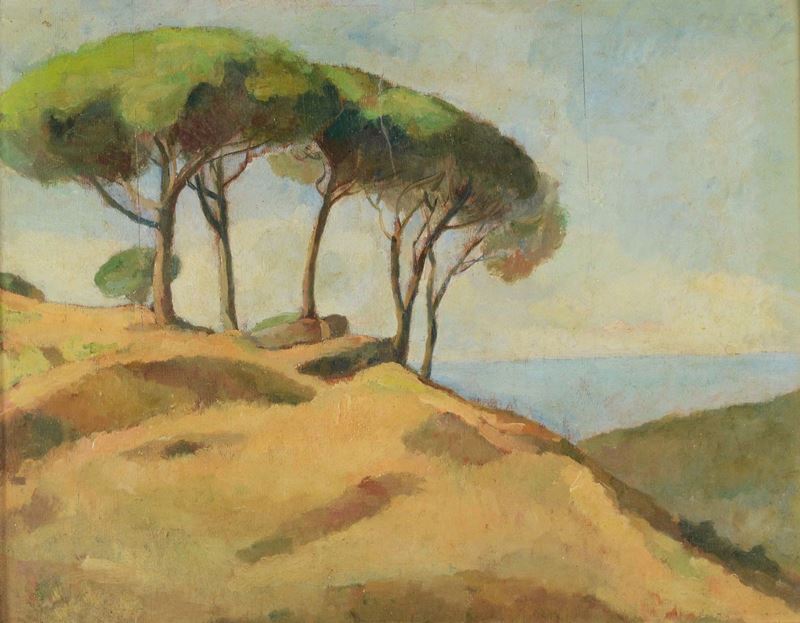 Achille Formis Befani (Napoli 1832 - Milano 1906) attribuito a Veduta costiera con pini  - Asta Dipinti del XIX e XX secolo - Cambi Casa d'Aste