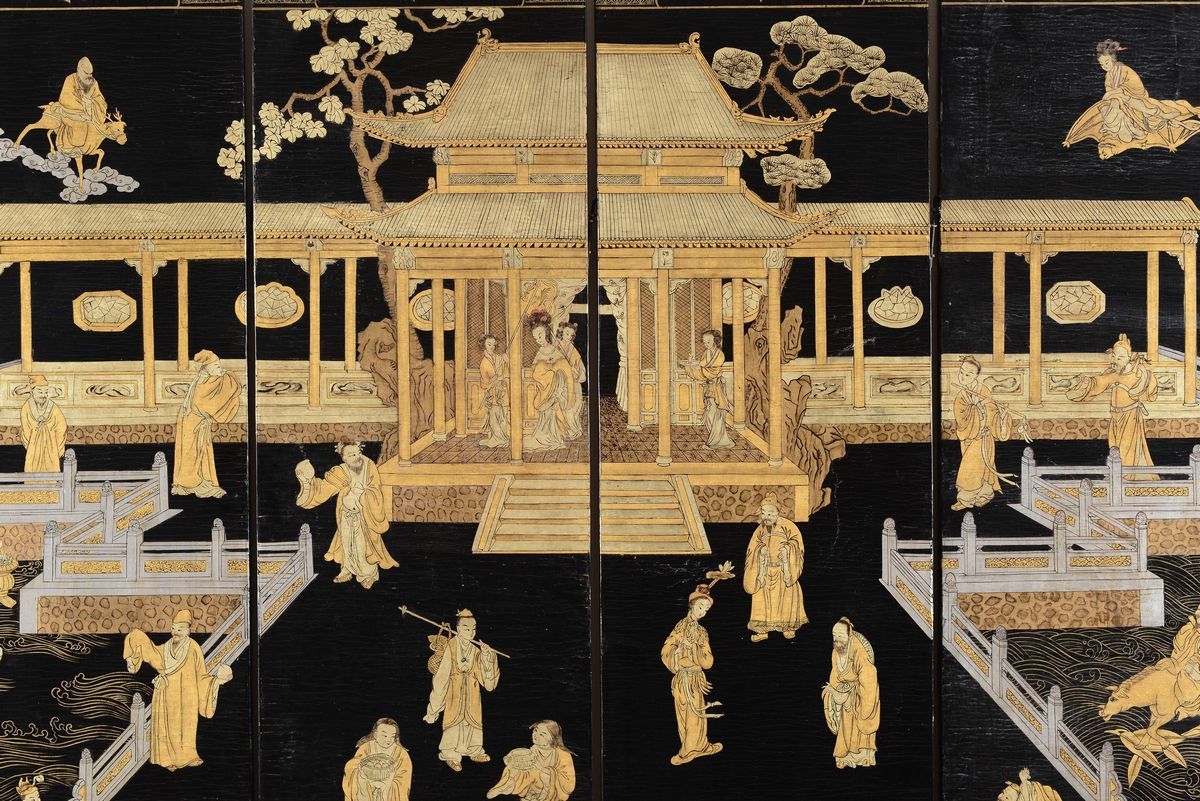 Paravento in Legno Laccato Composto da Sei Pannelli Raffiguranti Scena di Vita di Corte, Cina, XX...