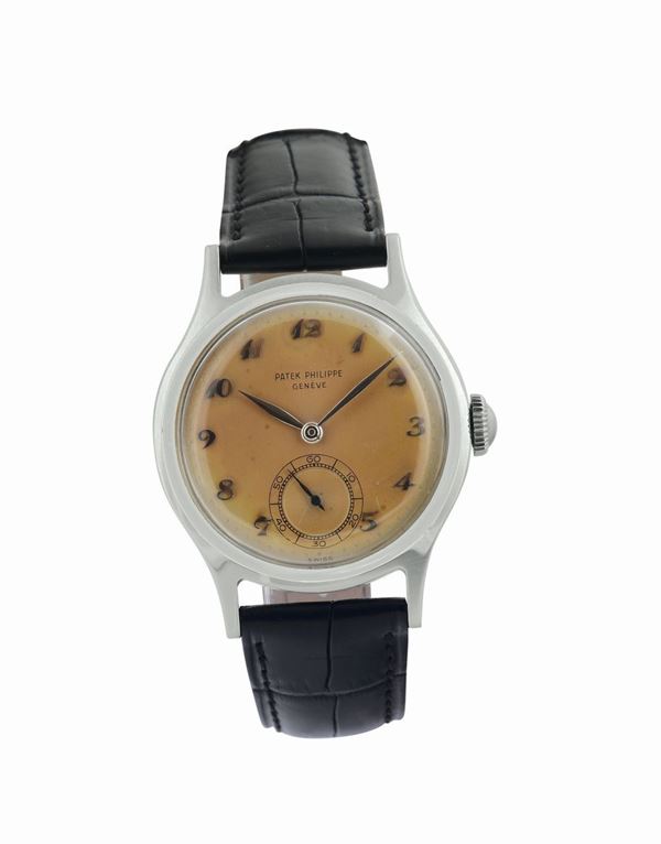 Patek Philippe & Co, Genève, Calatrava Breguet numerals, movement No. 963893, case No. 648612, Ref. 565. stainless steel wristwatch with a stainless steel Patek Philippe buckle.  