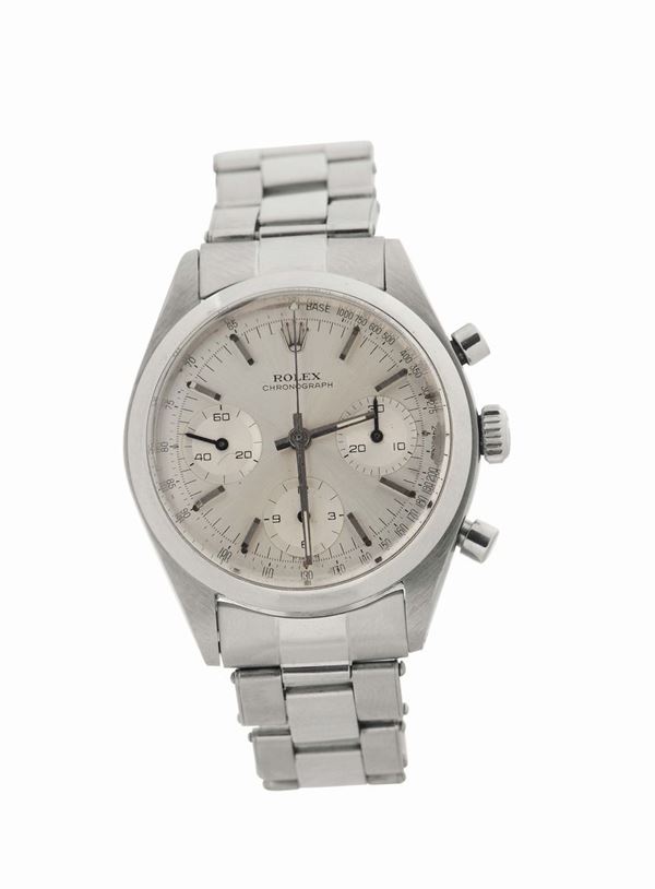 Rolex, “Chronograph”, case No. 866647, Ref. 6238. Made in 1962. Very fine and rare, water-resistant, stainless steel wristwatch with round-button chronograph, registers, and a stainless steel Rolex elastic bracelet with deployant clasp.