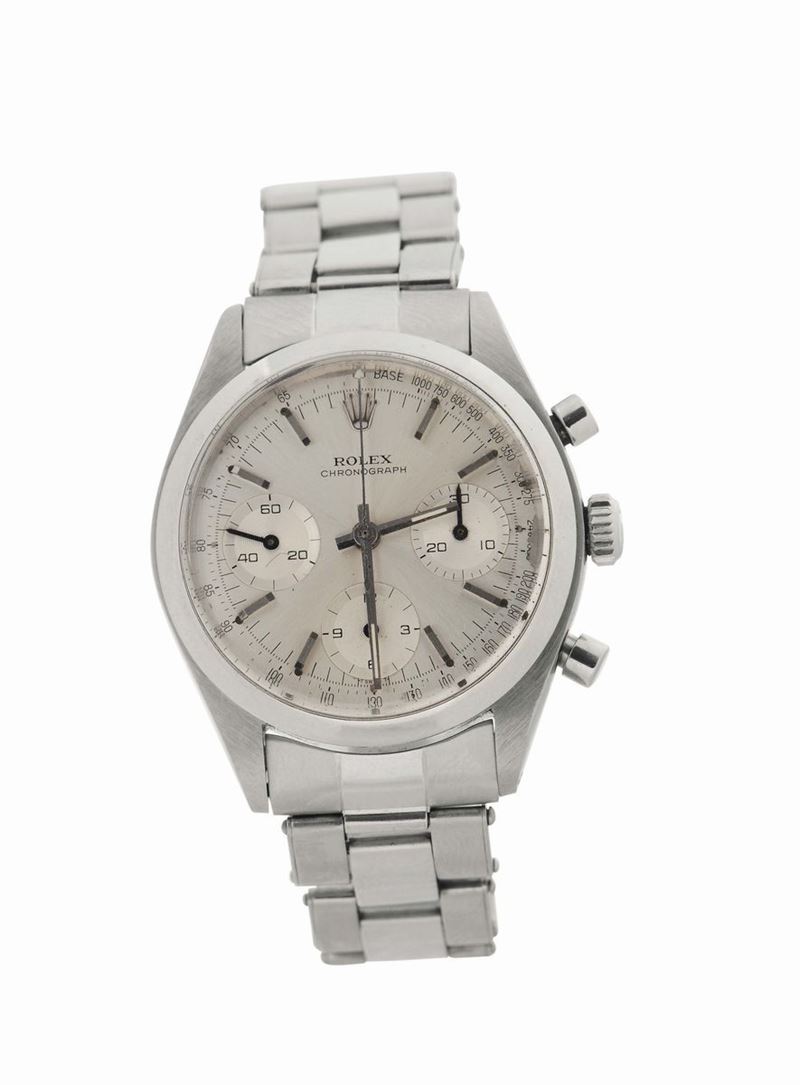 Rolex, “Chronograph”, case No. 866647, Ref. 6238. Made in 1962. Very fine and rare, water-resistant, stainless steel wristwatch with round-button chronograph, registers, and a stainless steel Rolex elastic bracelet with deployant clasp.  - Auction Watches and Pocket Watches - Cambi Casa d'Aste