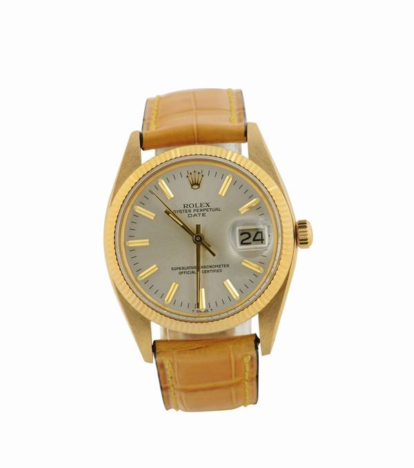 Rolex, “Oyster Perpetual, Date, Superlative Chronometer, Officially Certified”, Ref. 15038. Case No. 6124693. Made in 1979. Fine, center-seconds, self-winding, water resistant, 18K yellow gold wristwatch with date and yellow gold deployant clasp.