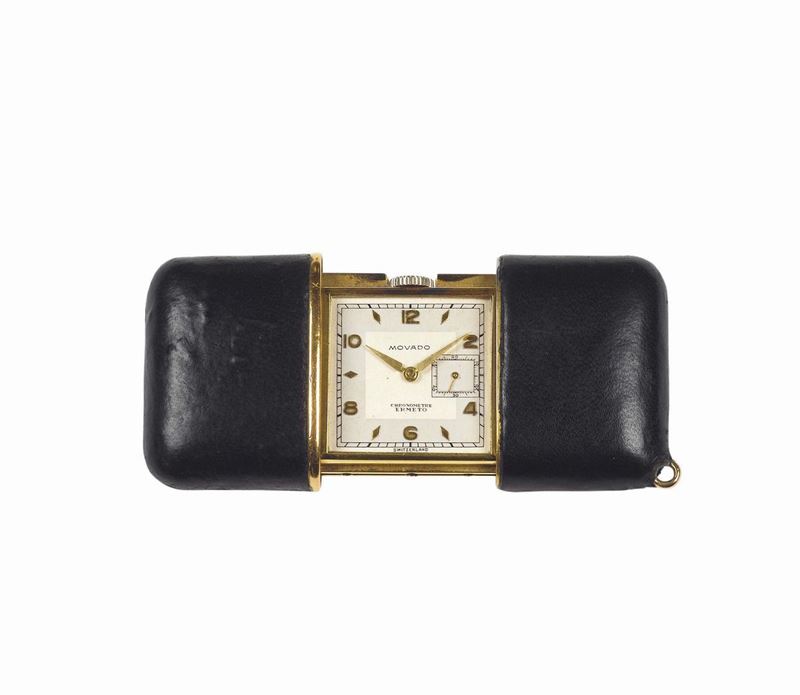 MOVADO,  Factorie, Swiss. No. 1254/649M. Circa 1940.  Fine leather covered gilt brass Ermeto, extensible keyless purse watch.  - Auction Watches and Pocket Watches - Cambi Casa d'Aste