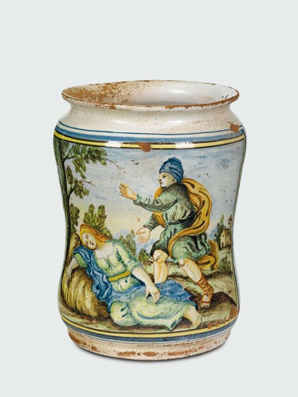 Albarello in maiolica policroma, siglato B.G., Napoli o Castelli, XVIII secolo
