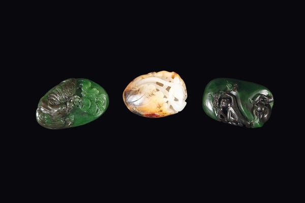 Three carved jades: a white jade lotus flower and two spinach green jades hawk and monkey, China, 19th/20th century