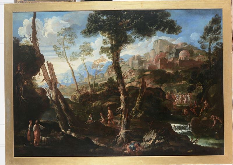 Scuola Romana del XVII secolo Paesaggio con figure ed architetture  - Asta Dipinti Antichi - Cambi Casa d'Aste